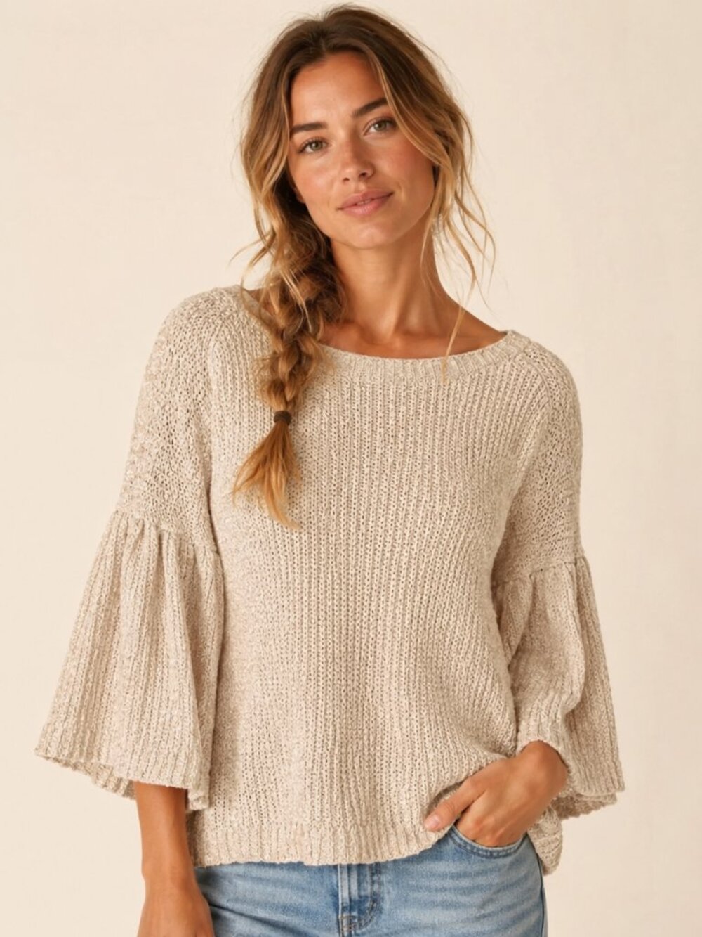 ILLA ILLA knit cream pullover with bell sleeves NWT
